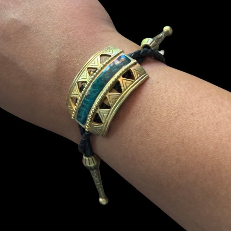Upcycled Vintage Art Deco Gold and Green Curved Rectangle Bar Bolo Bracelet