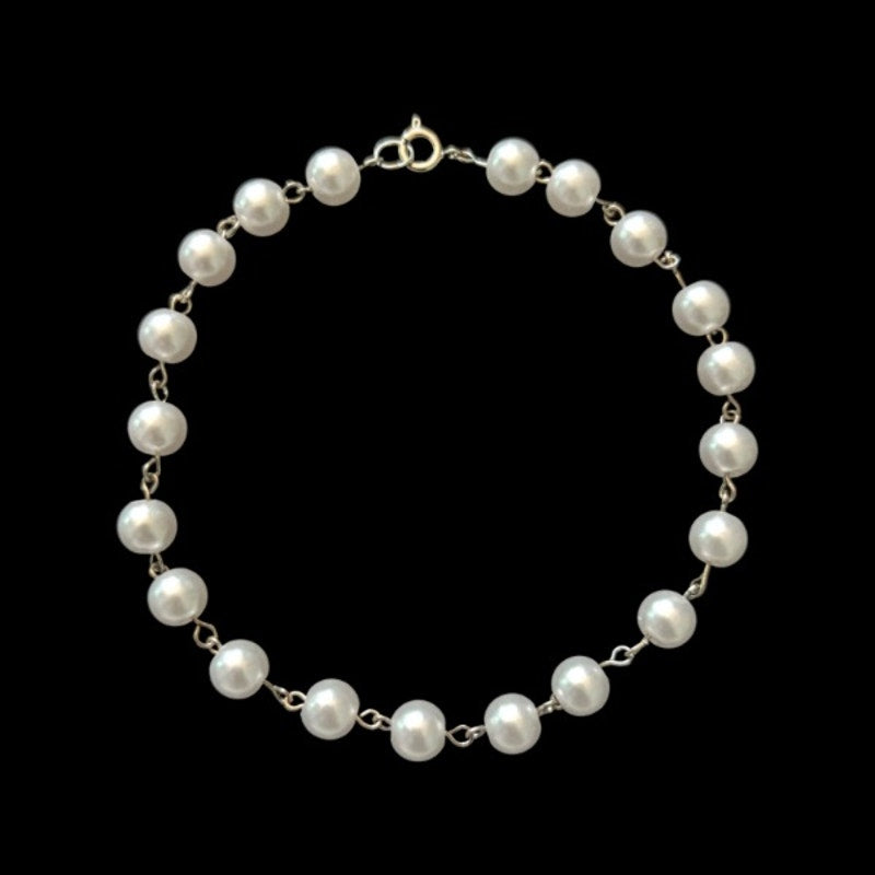 Silver White Pearl Beaded Chain Anklet (L)