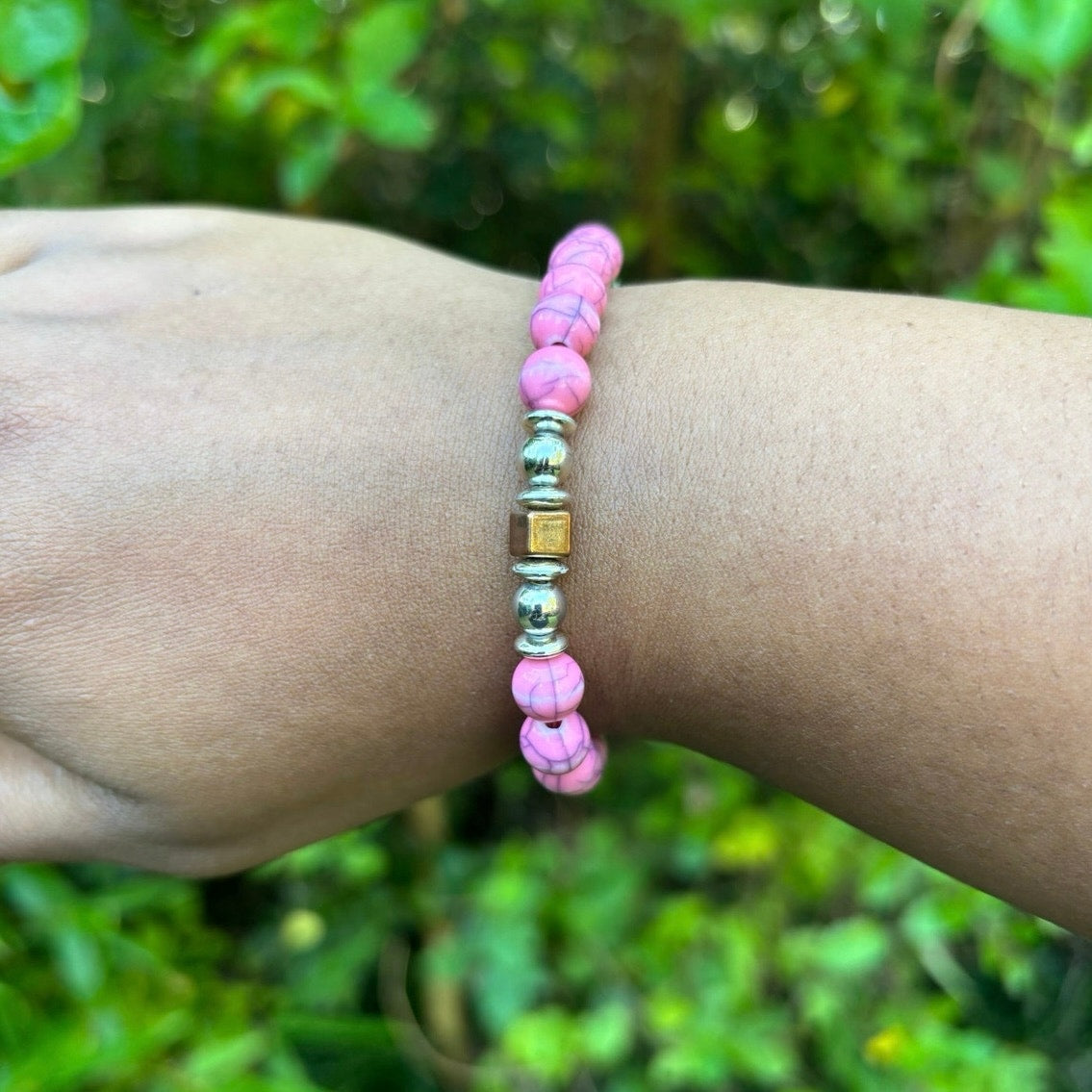 Vintage Costume Pink Marble, Brass, & Silver Bead Stretch Bracelet