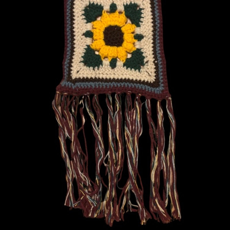 Extra-Long Crocheted Sunflower Granny Square Scarf w/ Multicolor Fringe