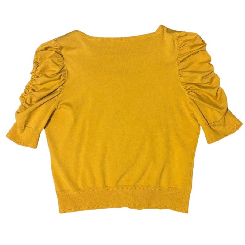 Mustard Yellow Beaded Flower Ruched Half Sleeve Cardigan (Large)