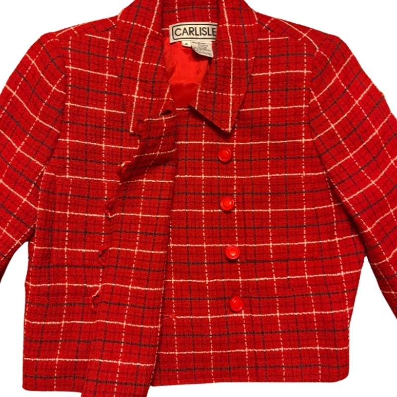 Vintage Red White and Blue Plaid Wool Blend Tweed Cropped Jacket (S/M)