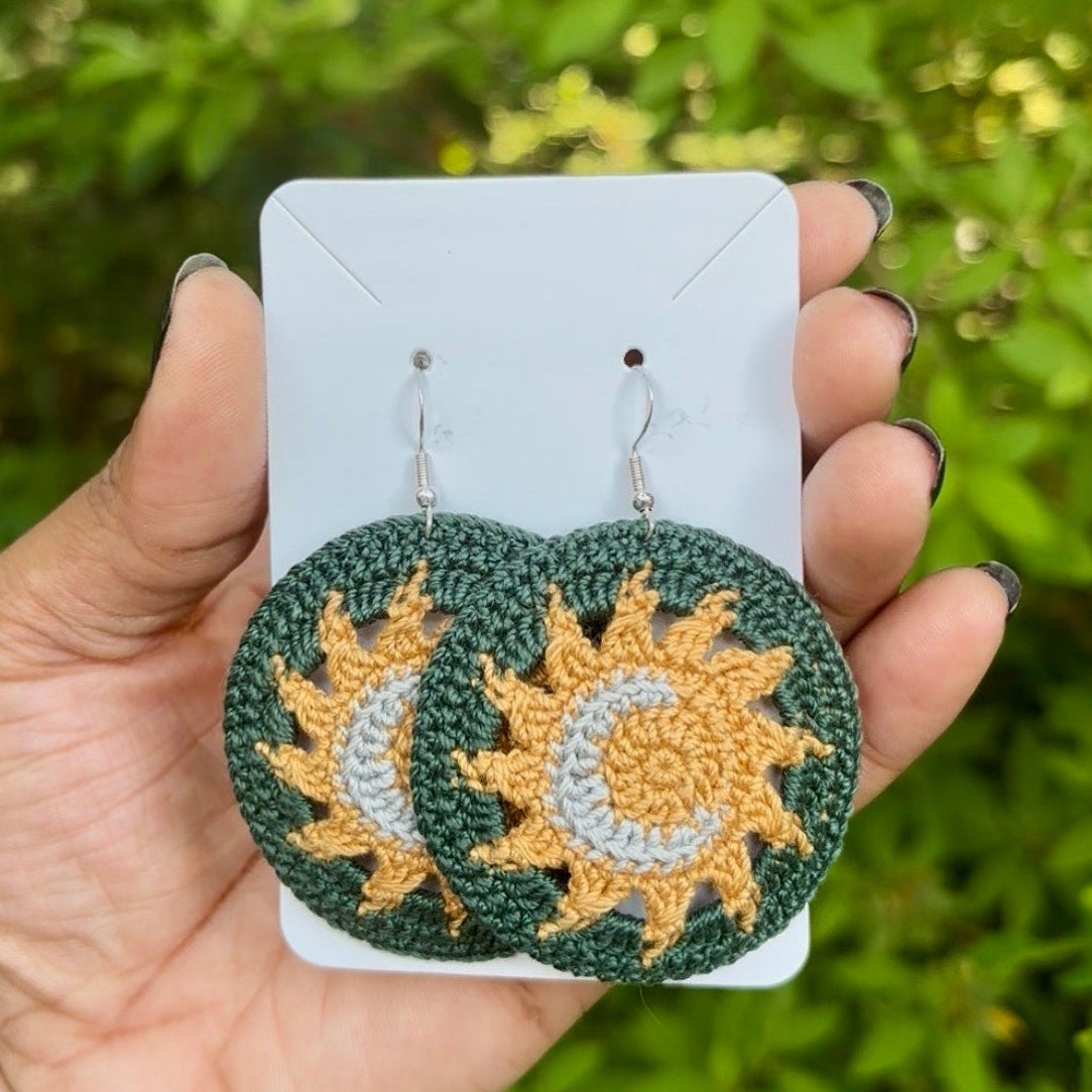 Forest Green Sun and Moon Micro-crocheted Disc Earrings | Made by Maya