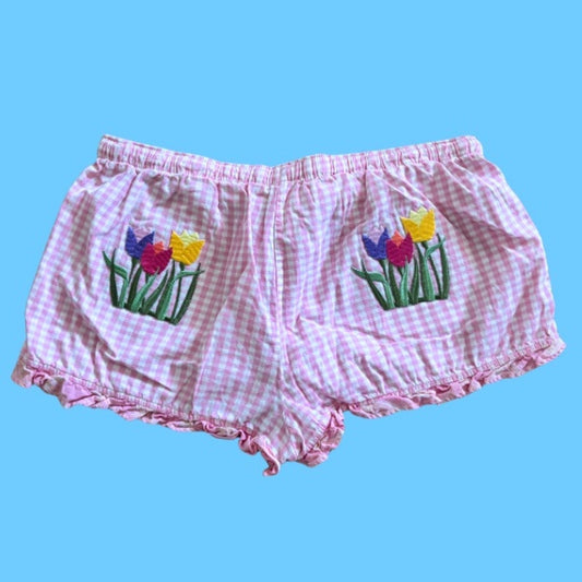 Vintage Tulip Patch Pink and White Gingham Ruffle Hem Cotton Lounge Bloomers (L)