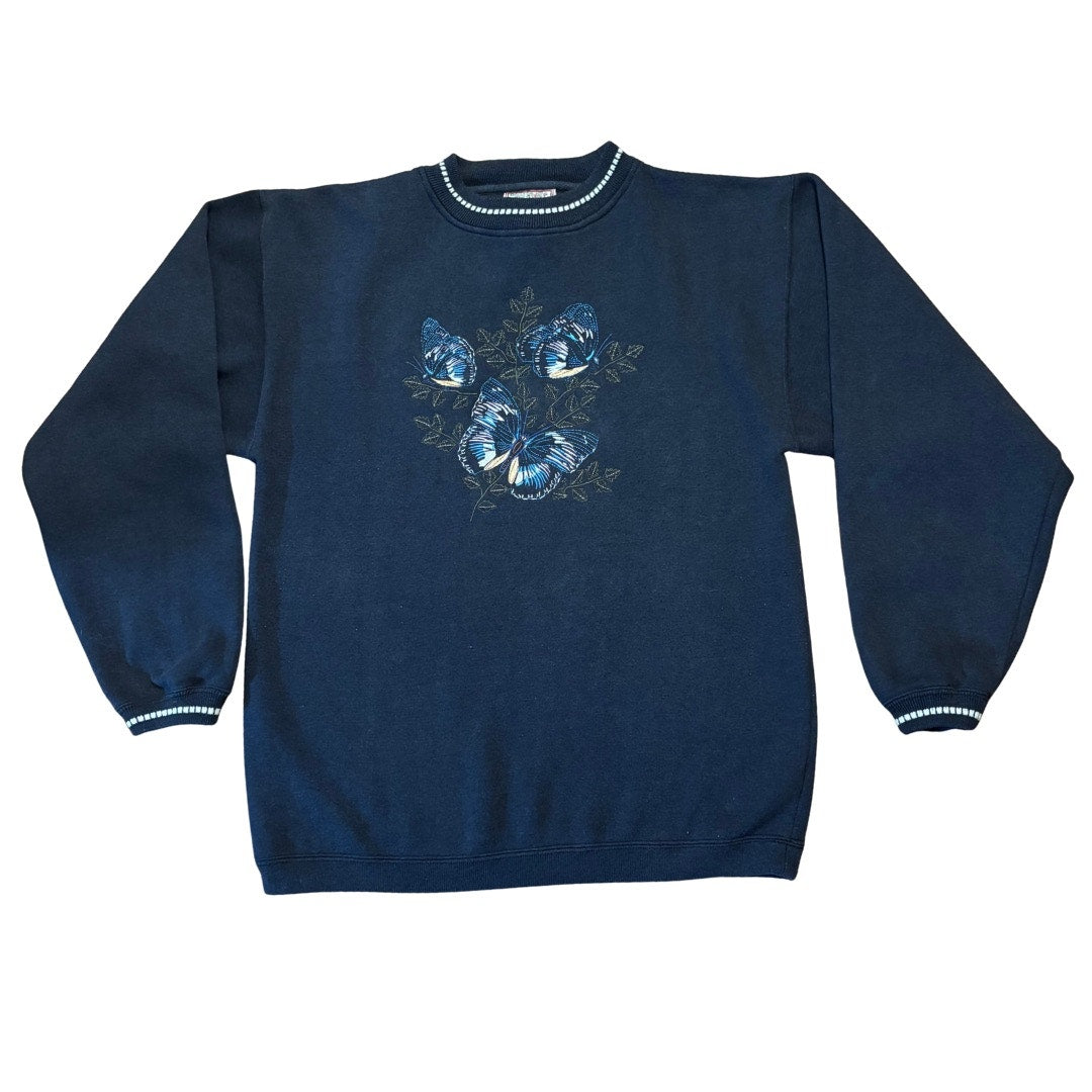 1990’s Vintage Unisex Embroidered Blue Butterflies Crewneck Sweater (Medium)
