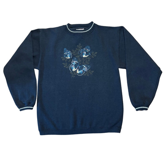 1990’s Vintage Unisex Embroidered Blue Butterflies Crewneck Sweater (Medium)