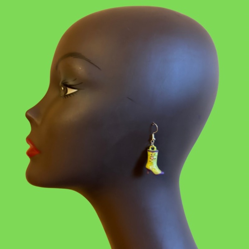 Yellow/Purple Handpainted Y2K Floral Cowgirl Boot Charm Earrings