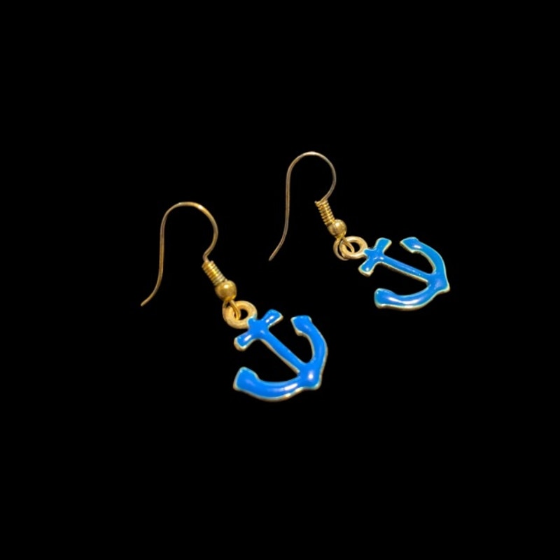 Dainty Cobalt Blue & Yellow Gold  Ship Anchor Earrings