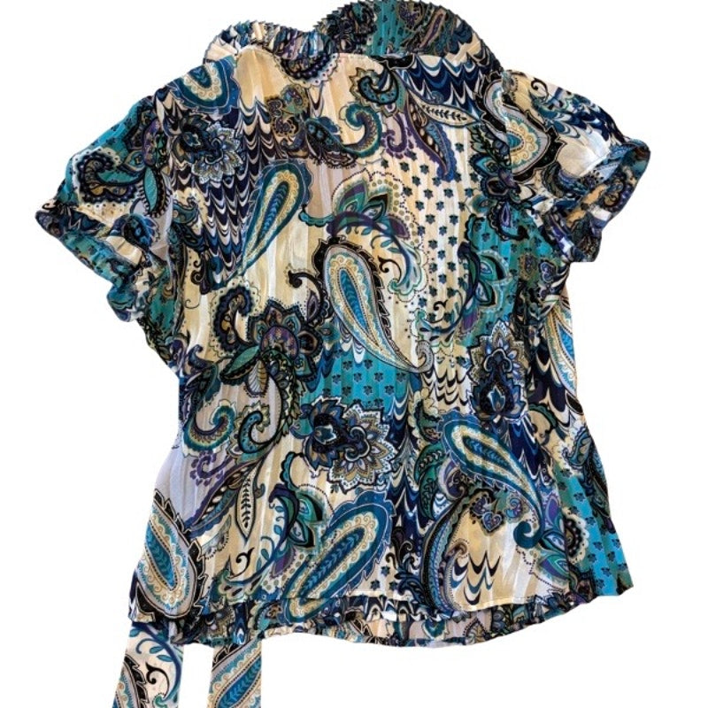 Y2K Sheer Blue Paisley Ruffle Collar Short Sleeve Wrap Top (L)