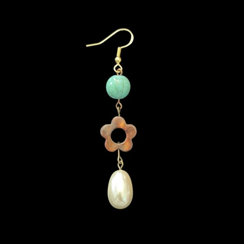 Baroque-Inspired Turquoise, Brown Shell Flower, & Costume Pearl Beaded Drop Earrings