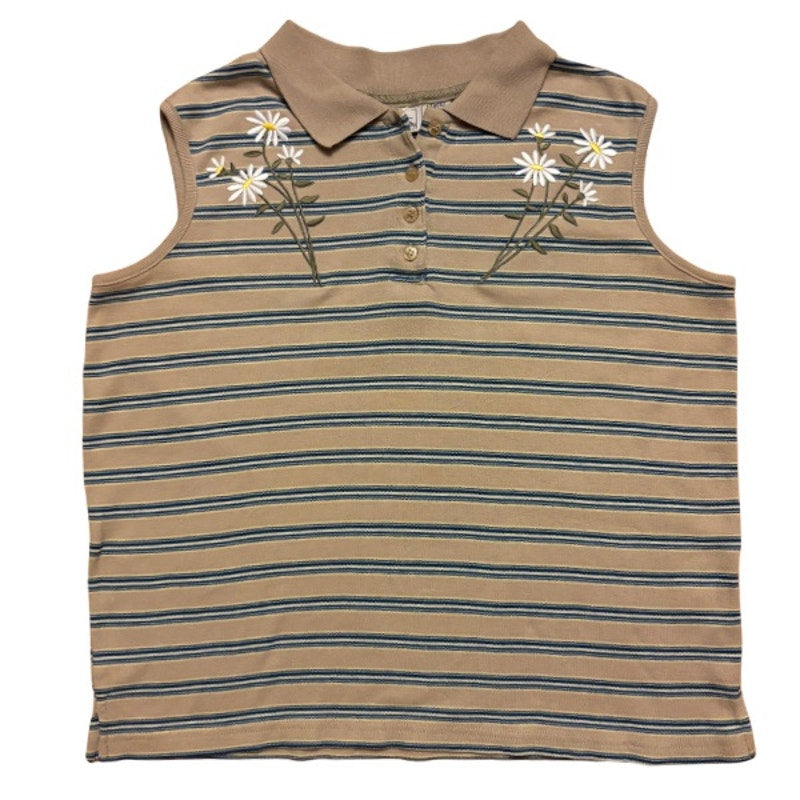 Vintage Embroidered Daisy Patch Striped Sand/Blue Cotton Quarter Button Down Sleeveless Shirt (Large)
