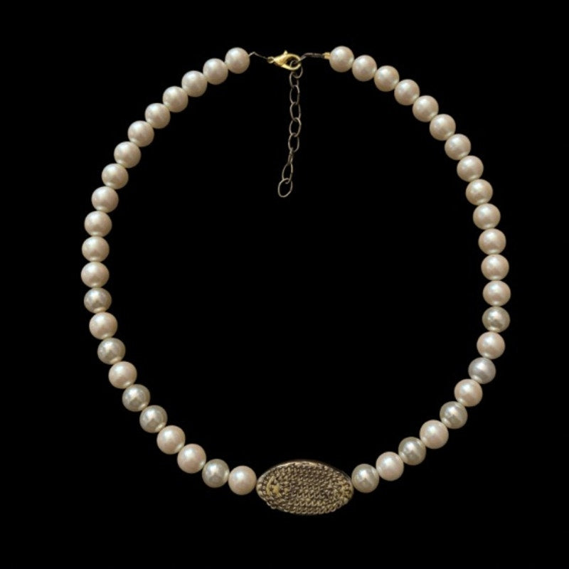 Oval Bronze Accent Mock Pearl Necklace | Handmade with Vintage Beads