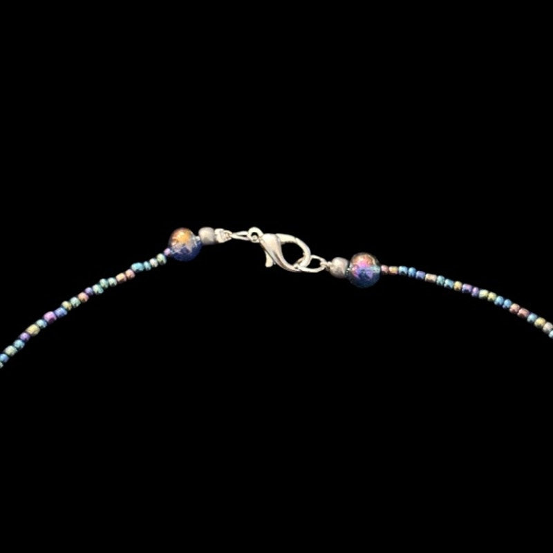 OOAK Metallic Purple/Blue/Green Beaded Silver Gemini Pendant Necklace