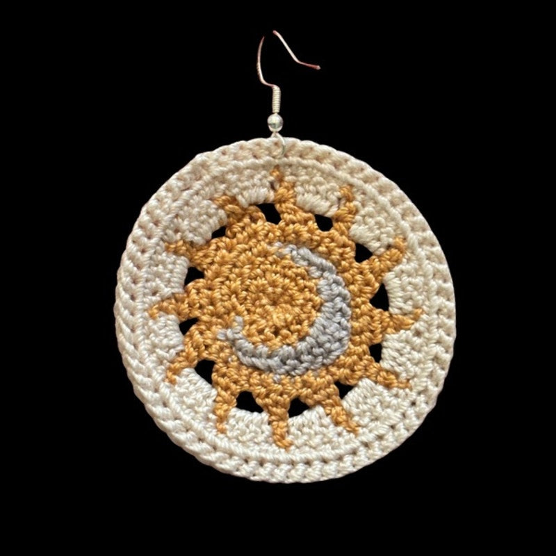 Cream Sun and Moon Micro-crocheted Disc Earrings | Made by Maya
