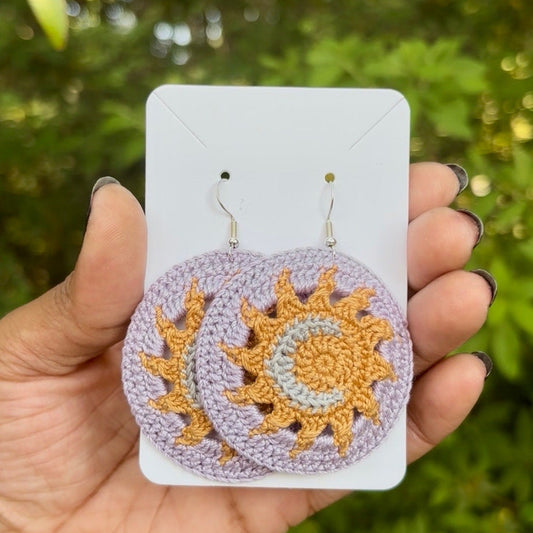 Lavender Sun and Moon Micro-crocheted Disc Earrings | Made by Maya