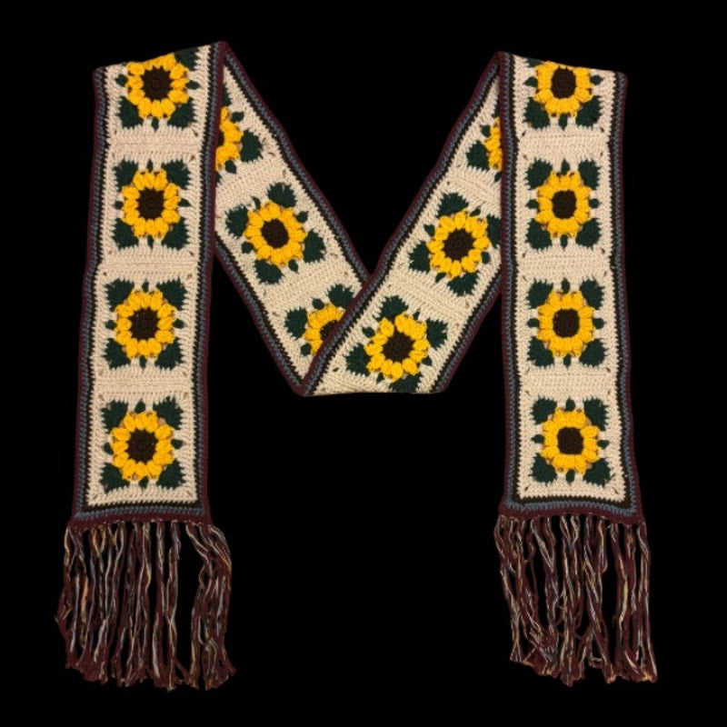 Extra-Long Crocheted Sunflower Granny Square Scarf w/ Multicolor Fringe