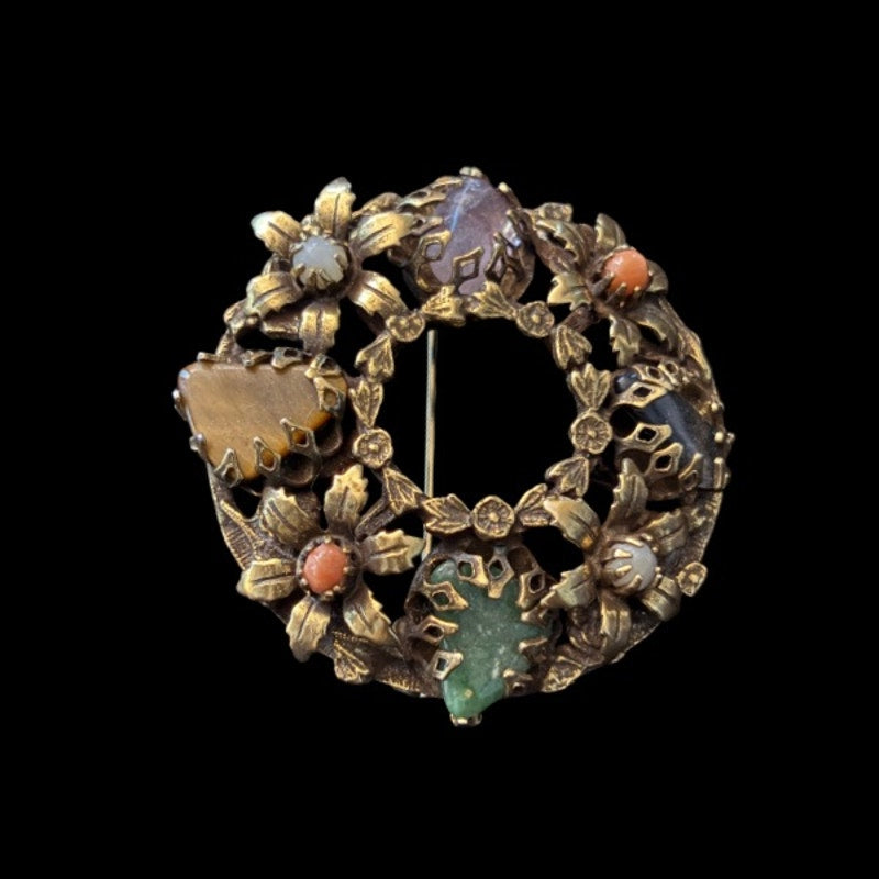 Vintage Black Onyx/ Amethyst/ Jade/ Light Blue Chalcedony/ Yellow Jasper Brass Floral Wreath Brooch