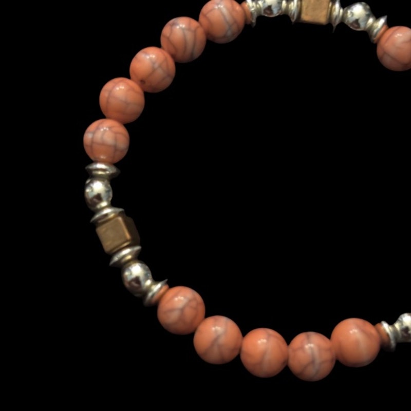 Vintage Costume Pink Marble, Brass, & Silver Bead Stretch Bracelet