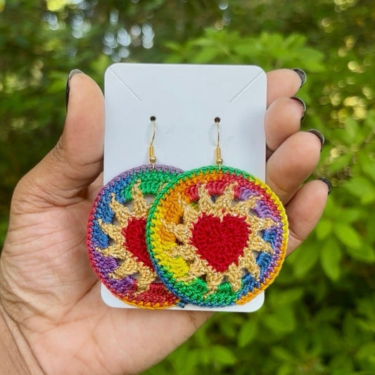 Red, Gold, & Rainbow Hearts on Fire Micro-crocheted Disc Earrings