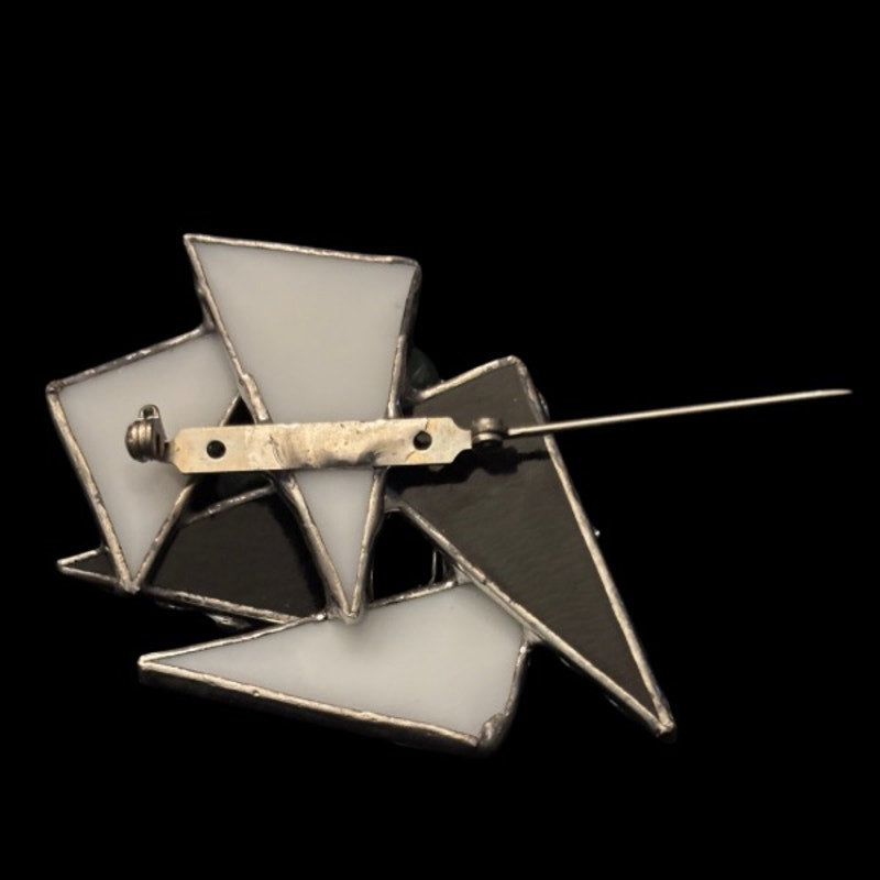 Vintage Abstract Art Deco Green/ White/ Black Stained Glass Mother of Pearl Spiral Coil Crystal Chip Silver Brooch
