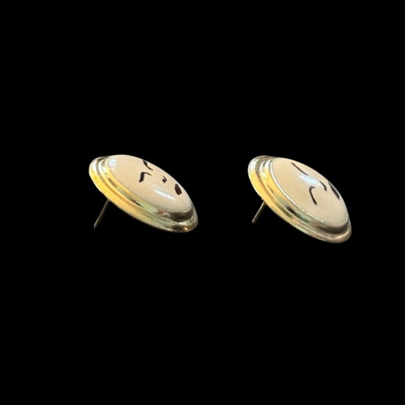 Handpainted Vintage Gold Frame Moon Face Stud Earrings