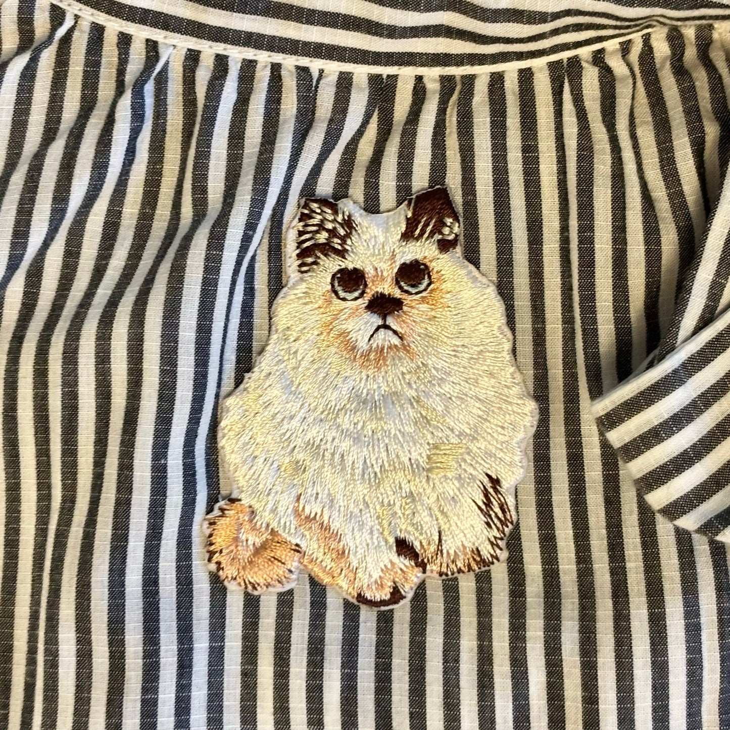 Vintage Cat Patch Flutter Cap-Sleeve Mock Neck Striped Blue and White Pussy Bow Cotton Top (L)