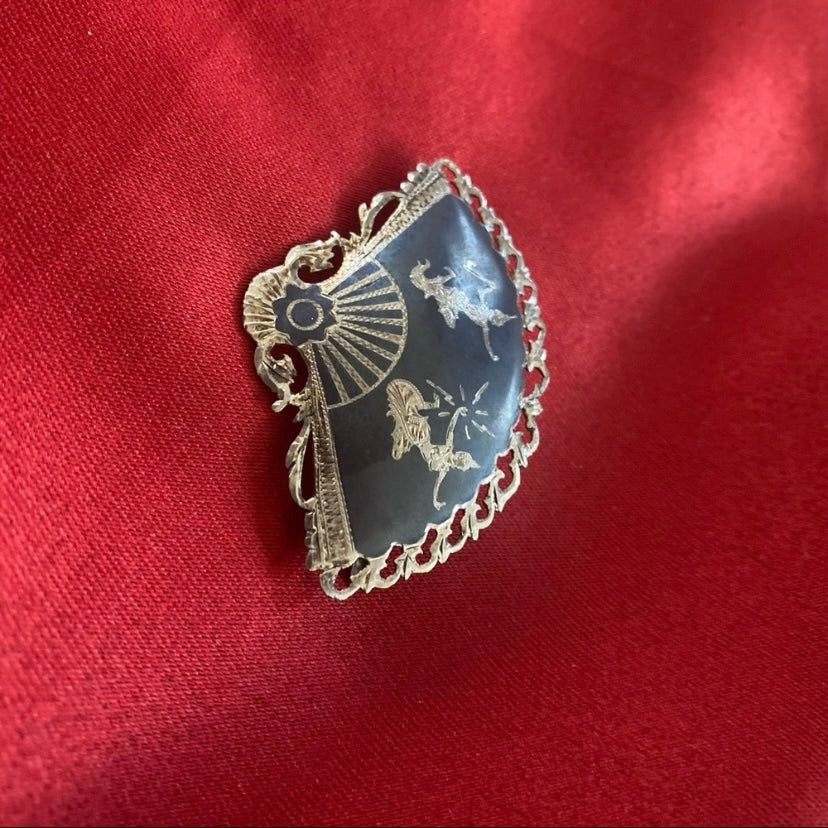 Vintage Black & Silver Siam Niello Sterling Silver Dancers Filigree Fan Brooch