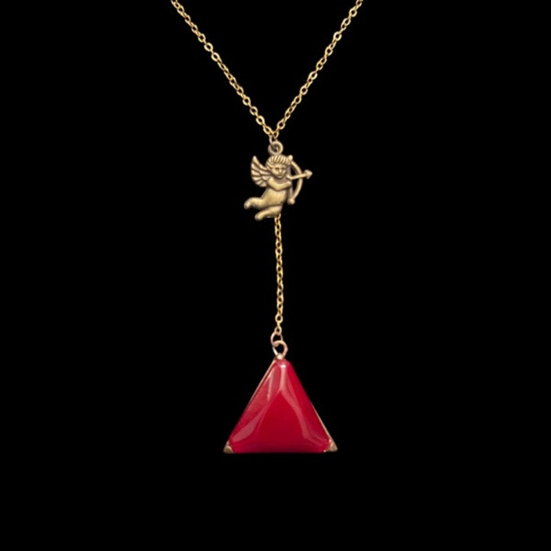 Bronze Cupid & Vintage Red Triangle Earring Layered Drop Pendant Necklace