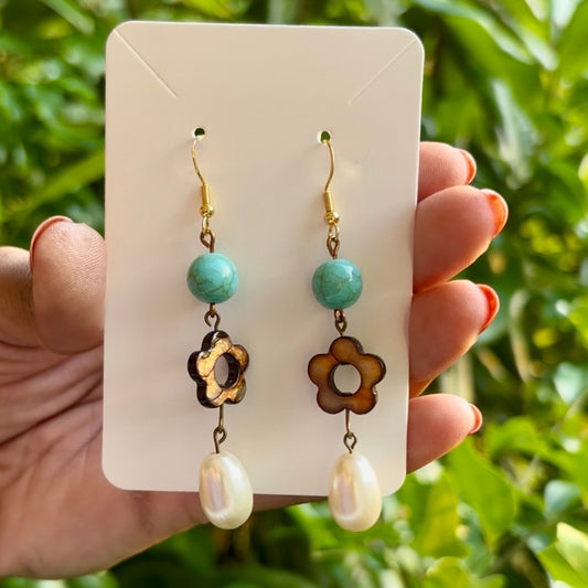 Baroque-Inspired Turquoise, Brown Shell Flower, & Costume Pearl Beaded Drop Earrings