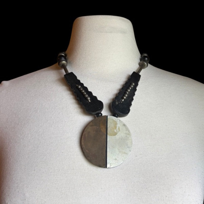 Vintage Black, Bronze & Silver Beaded Mixed Metal & Wood Disc Pendant Necklace