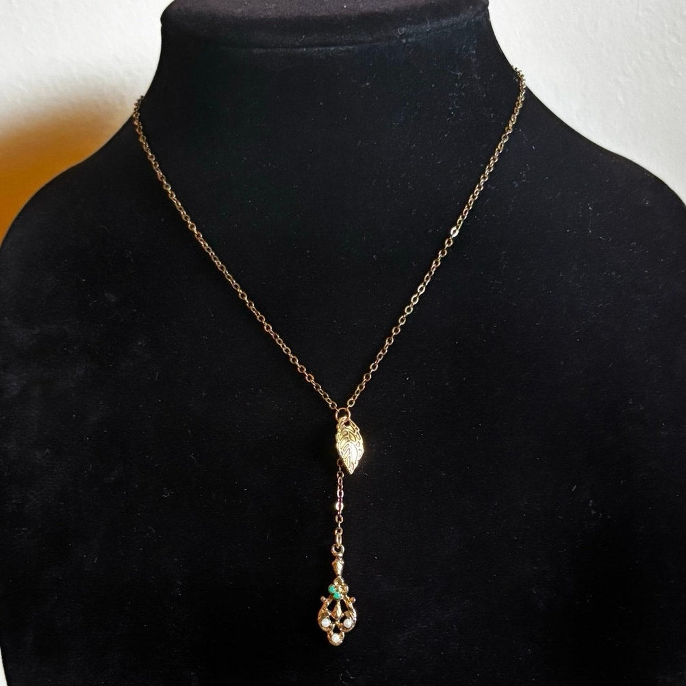Gold-Toned Leaf & White/Green/Gold Filigree Charm Layered Drop Pendant Choker Necklace