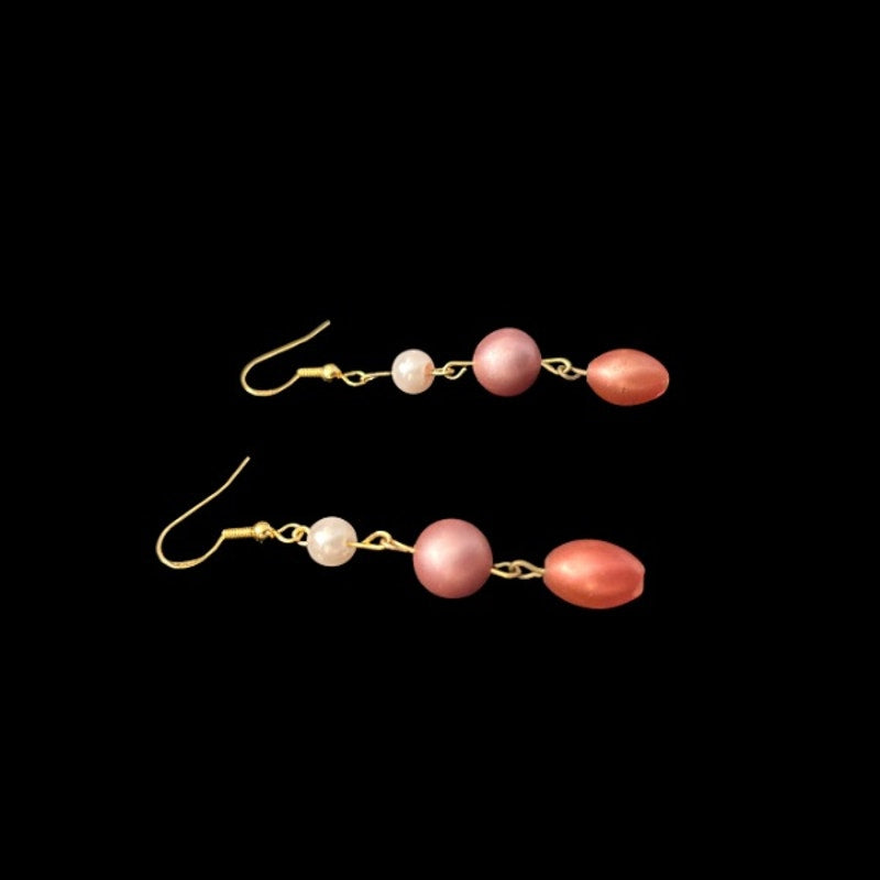 Pastel & Fuchsia Pink Pearl & Orange Bead Dangle Drop Earrings