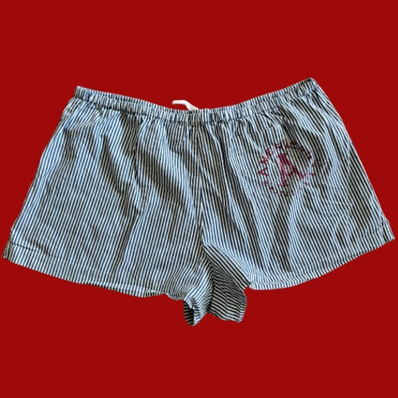 Vintage Navy Star Patch Blue and White Striped Cotton Mini Shorts (L)