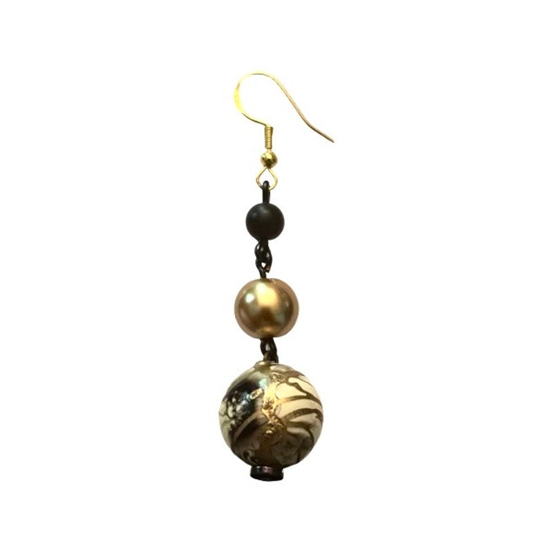 Baroque-Inspired Black, Gold & White Marbled Beaded Drop Earrings