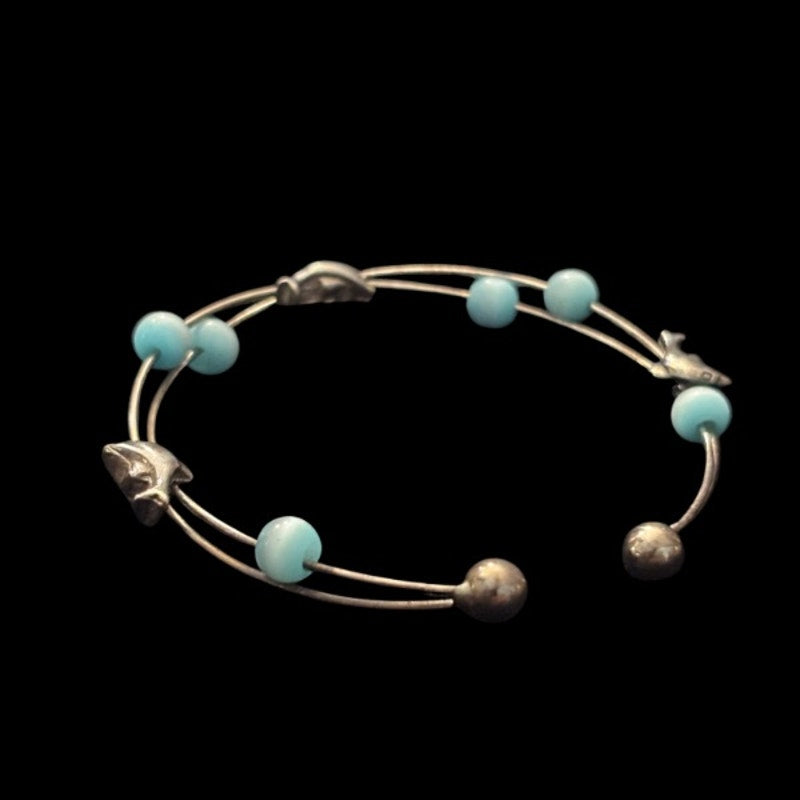 Vintage Silver Dolphin & Aquamarine Bead Wire Cuff Bracelet