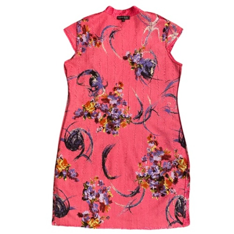 Vintage Hot Pink Chinese Silk du Jin Floral Qipao Mini-Dress (L)