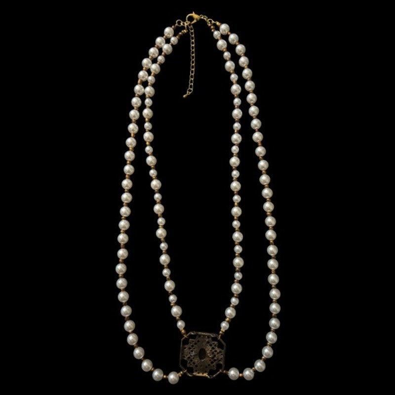 Double Strand Pearl Necklace with Square Vintage Costume Oval Amber, Sapphire & Clear Rhinestone Studded Bronze Pendant