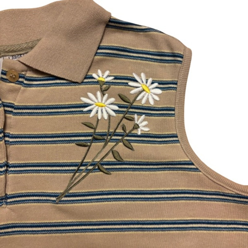 Vintage Embroidered Daisy Patch Striped Sand/Blue Cotton Quarter Button Down Sleeveless Shirt (Large)
