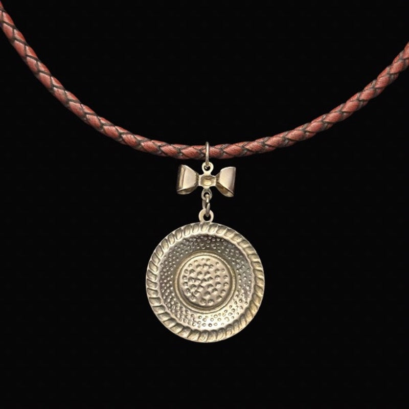Silver & Blue Disc & Bow Pendant Leather Cord Choker Necklace