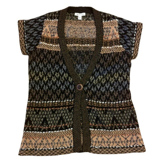 Y2K Black & Brown Fair Isle Knit Short-sleeve Wooden Button Cardigan (6-8)