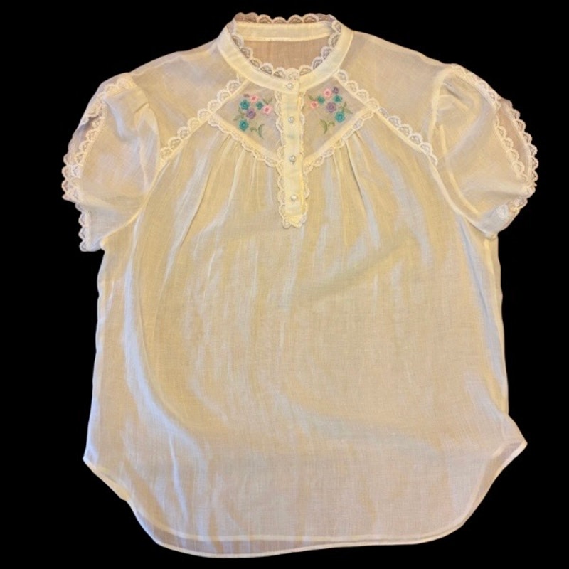 Vintage Sheer Pastel Yellow Floral Embroidered Lace Collar Short Sleeve Blouse (S-M)