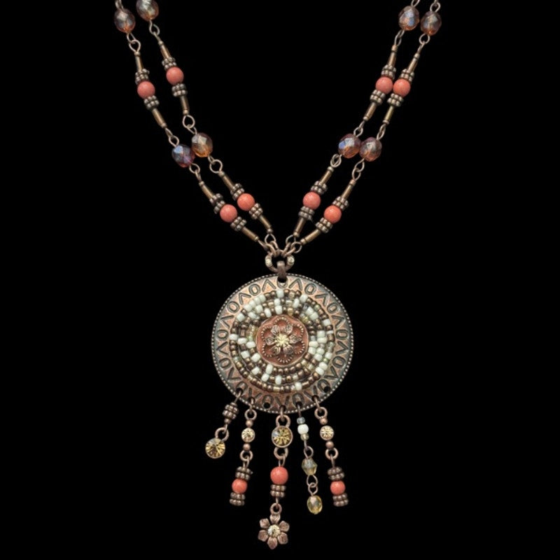 70’s Vntg Avon Copper-toned Beaded Disc Flower Pendent Choker Necklace