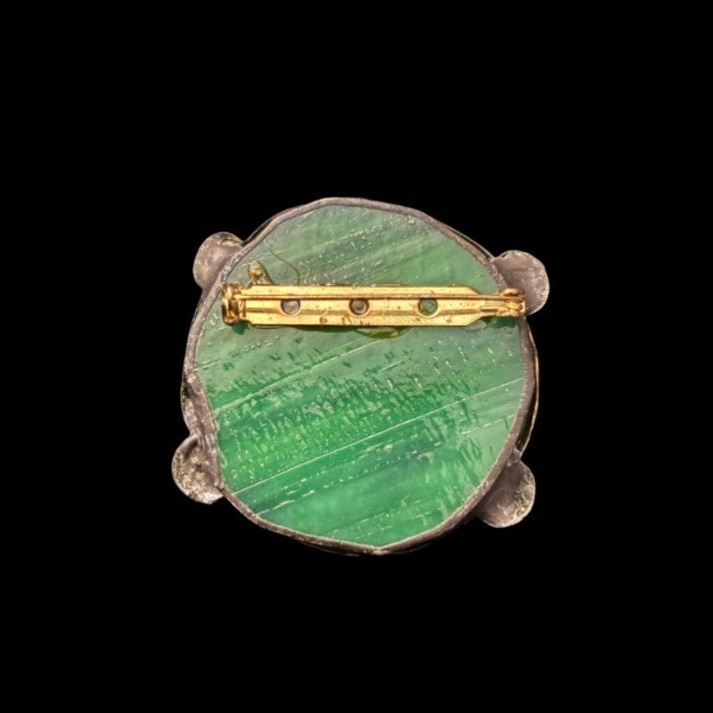 Vintage Studio 229 Round Grapevine Green Stained Glass and Brass Brooch