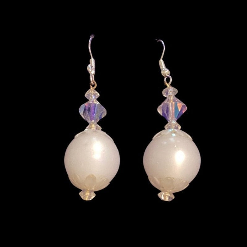 White Mock Crystal and Pearl Beaded Drop Earrings | Upcycled Vintage