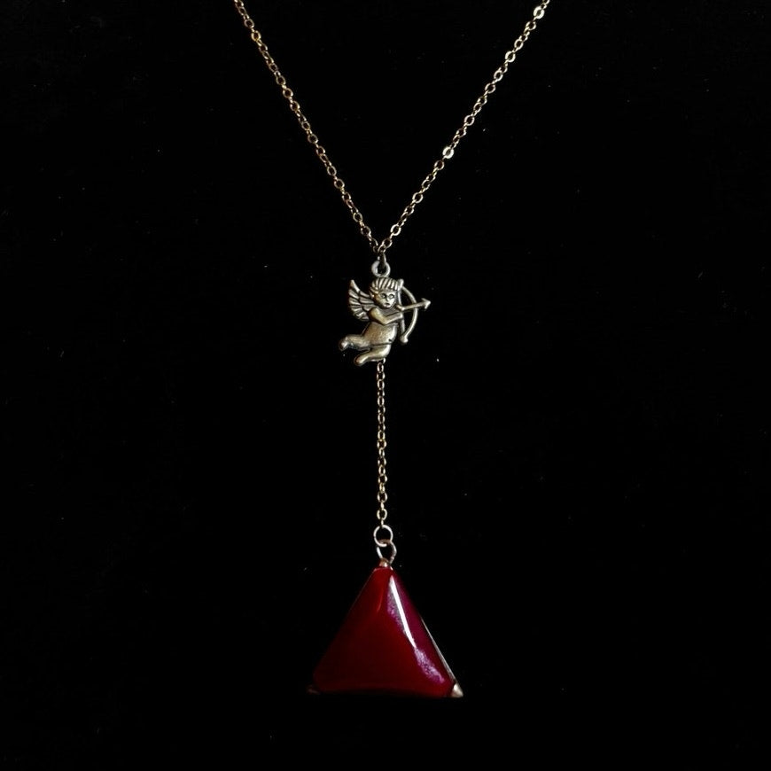 Bronze Cupid & Vintage Red Triangle Earring Layered Drop Pendant Necklace