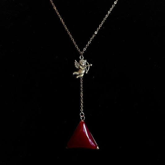 Bronze Cupid & Vintage Red Triangle Earring Layered Drop Pendant Necklace