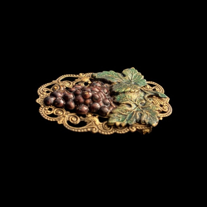 Vintage Studio 229 Brass Filigree Frame Grapevine Bunch of Red Grapes Brooch