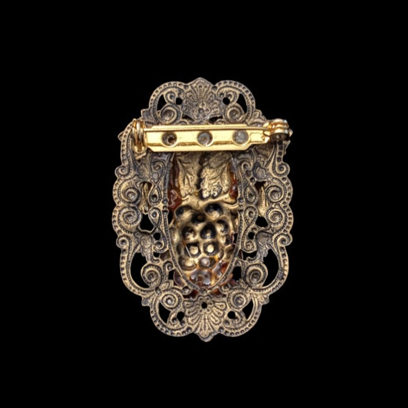 Vintage Studio 229 Brass Filigree Frame Grapevine Bunch of Red Grapes Brooch