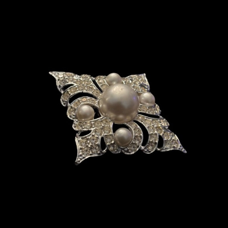 Vintage Art Deco Diamond Shaped Rhinestone Faux Pearl Silver Brooch/ Pin