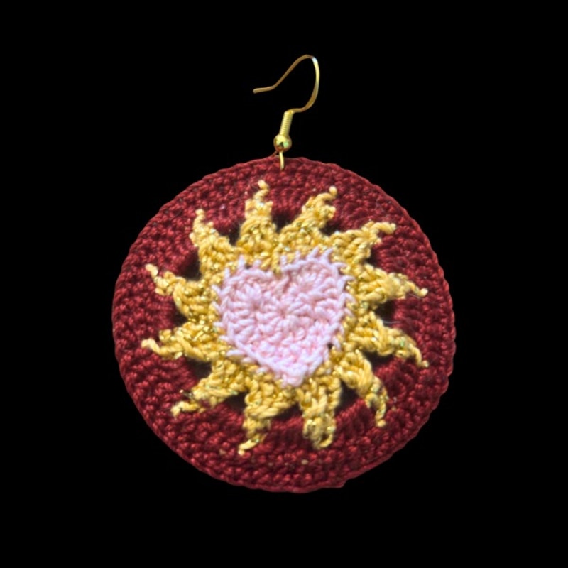 Pink, Gold, & Burgundy Hearts on Fire Micro-crocheted Disc Earrings